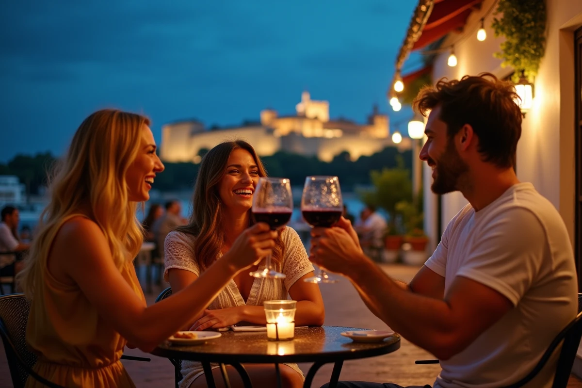 Groupe d'amis profitant d'une sortie nocturne en terrasse à Malaga avec vue sur l'Alcazaba illuminée