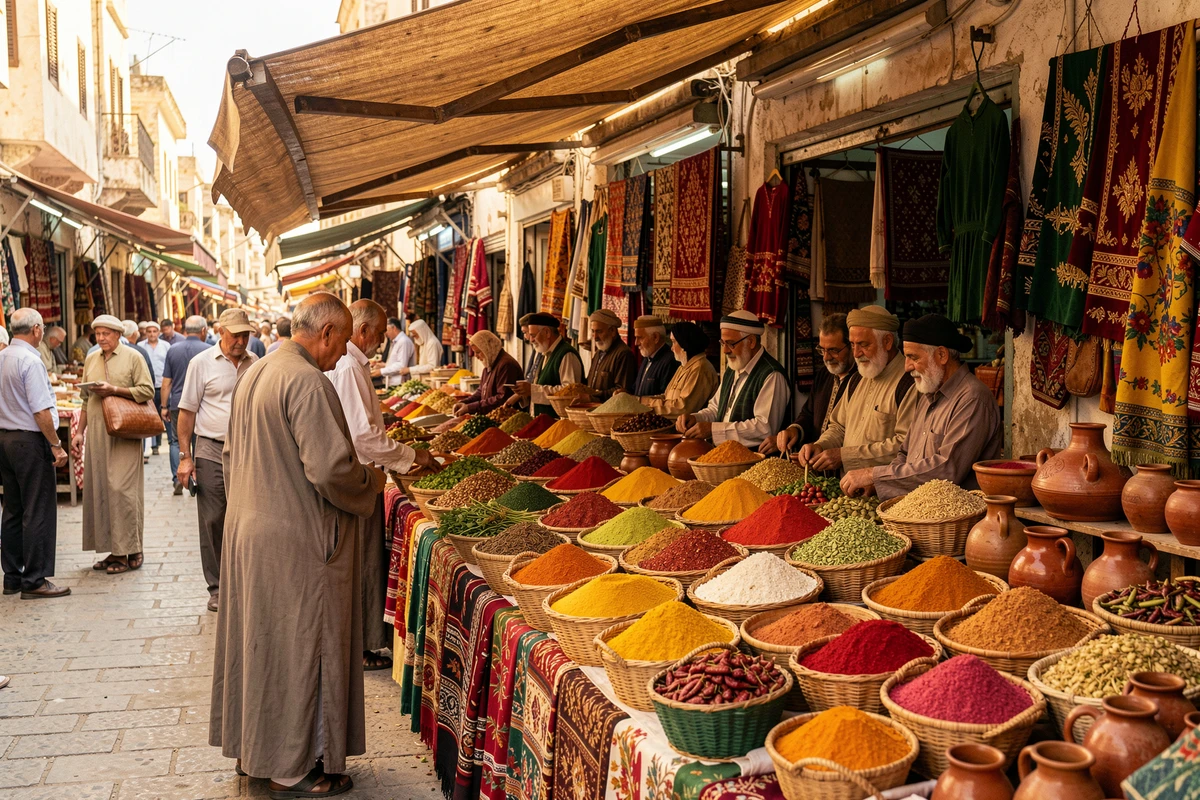 Marché traditionnel tunisien avec épices et artisanat local à prix accessible pour les touristes