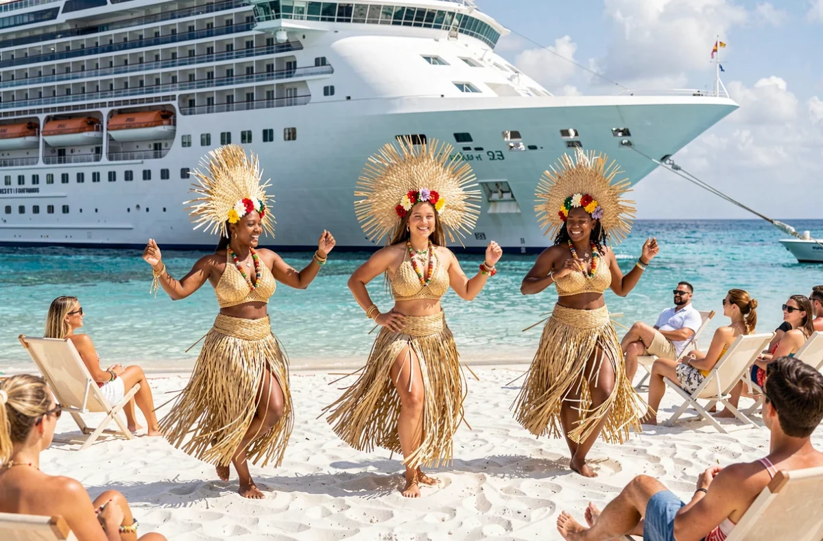 Spectacle culturel polynésien sur la plage accueillant les passagers de la croisière Paul Gauguin