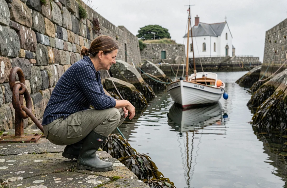 Femme photographiant un bateau de pêche breton amarré près de la chapelle de Saint-Cado, reflet dans l'eau calme de l'estuaire