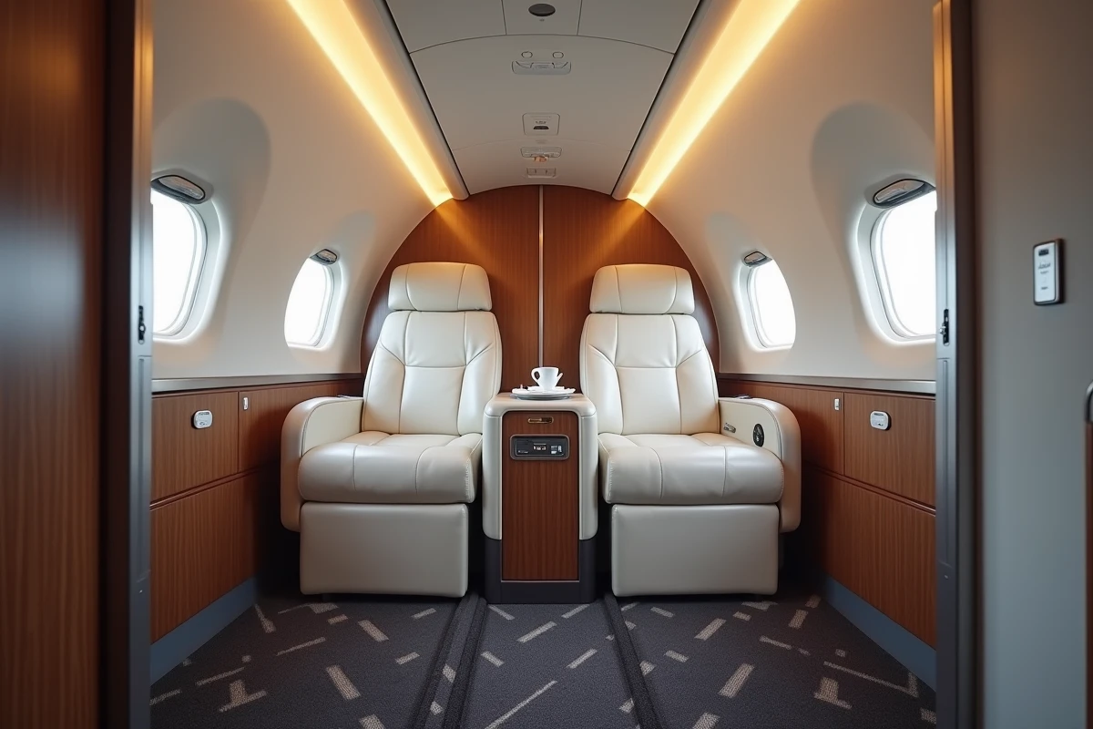 Suite First Class d'Etihad Airways avec siège en cuir ivoire, porte coulissante et table de service raffinée