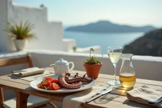 Terrasse d'une taverne traditionnelle à Folégandros avec une assiette de poulpe grillé et une vue sur la mer Égée