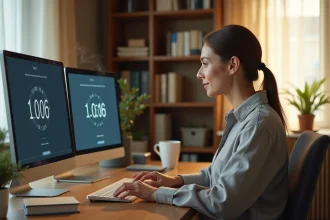 Femme travaillant depuis son bureau à domicile en France avec deux horloges affichant les fuseaux horaires de Paris et Bali sur ses écrans