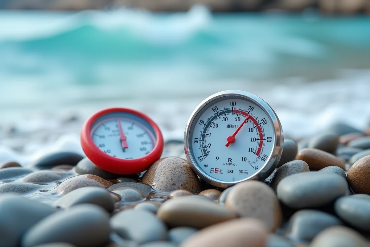 Thermomètres posés sur les galets mouillés au bord de la mer à Nice pour mesurer la température de l'eau