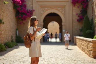 Touriste en escale croisière devant l'entrée de l'Alcazaba de Malaga avec bougainvillées en fleurs