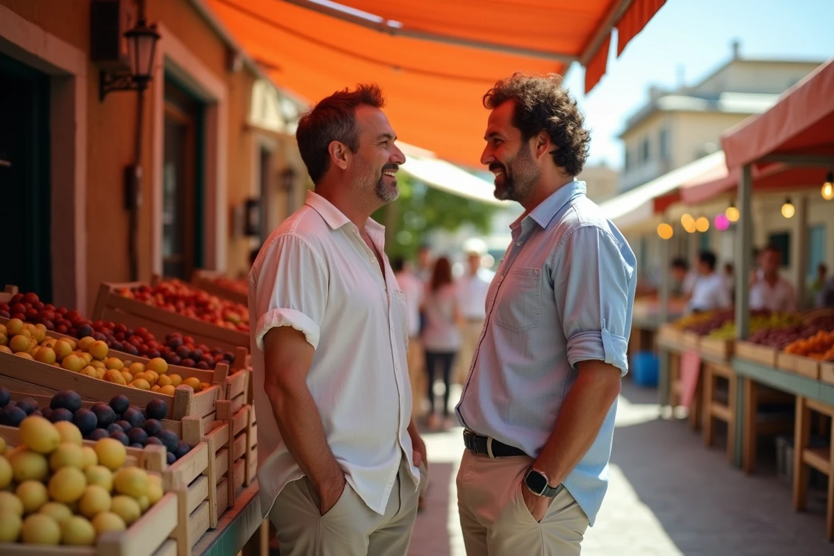 Touriste discutant avec un vendeur au marché local méditerranéen plein de produits frais