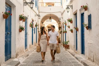 Couple de touristes se promenant dans la médina tunisienne avec ruelles blanches et portes bleues typiques