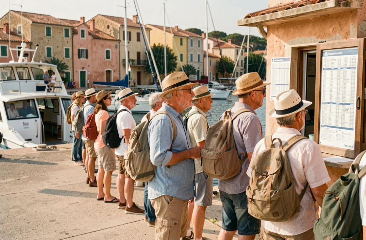 File de touristes sur le quai attendant le bateau de l'après-midi pour l'île de Porquerolles