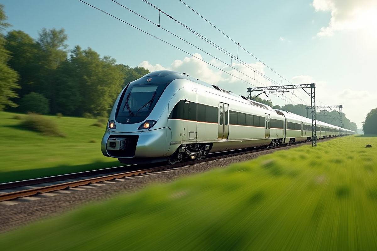 Train moderne voyageant rapidement dans la campagne verte