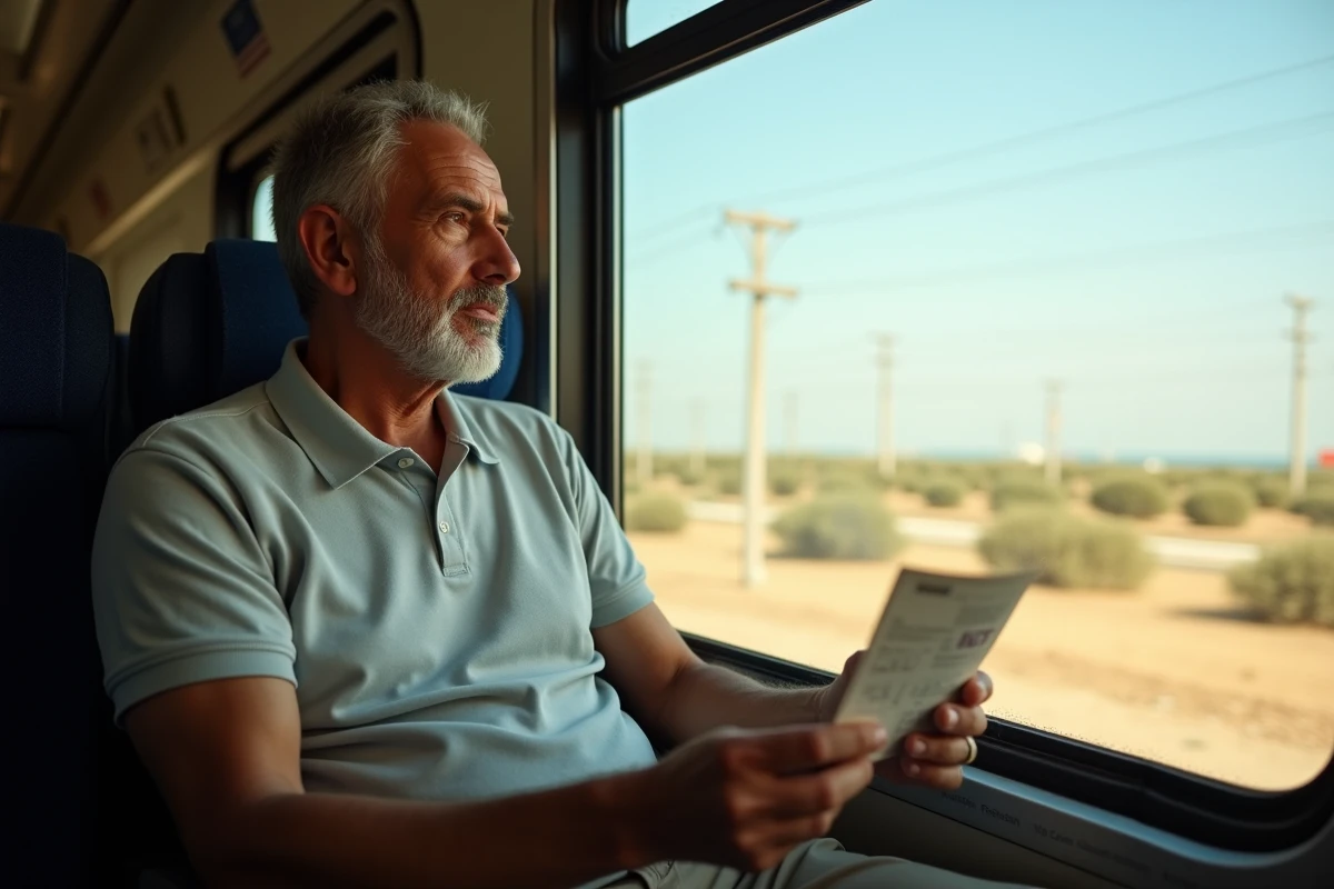 Voyageur en train SNCFT de Monastir vers Tunis tenant son billet de seconde classe devant le paysage côtier tunisien