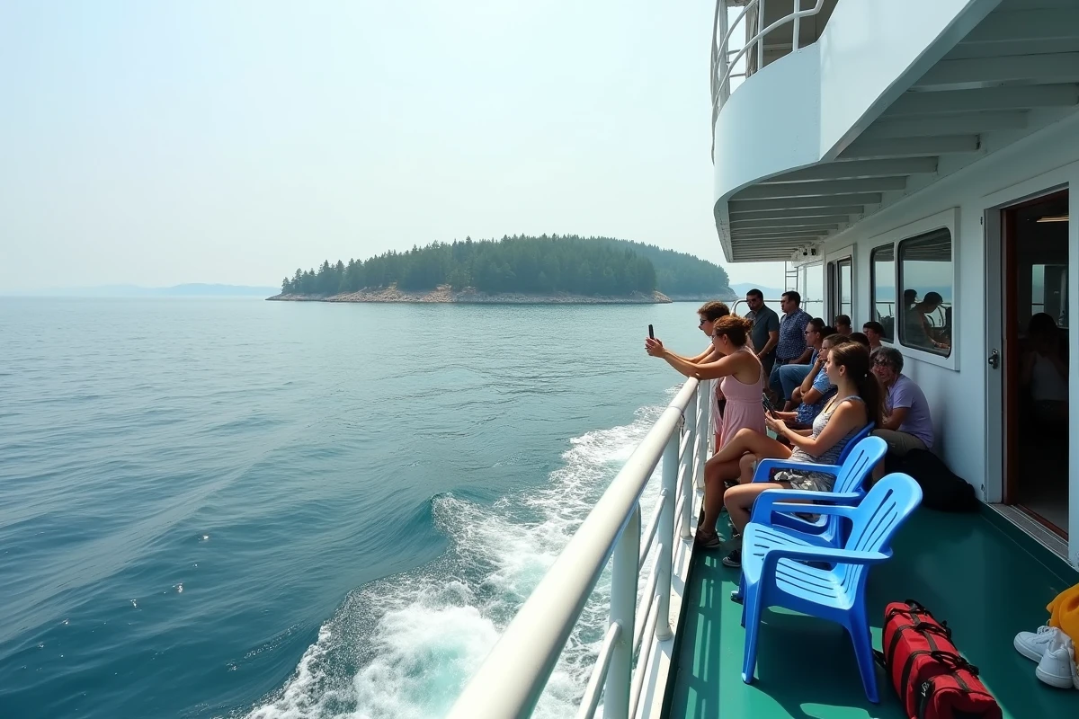 Passagers sur le pont supérieur d'un ferry approchant la côte boisée de l'île de Mljet depuis Dubrovnik
