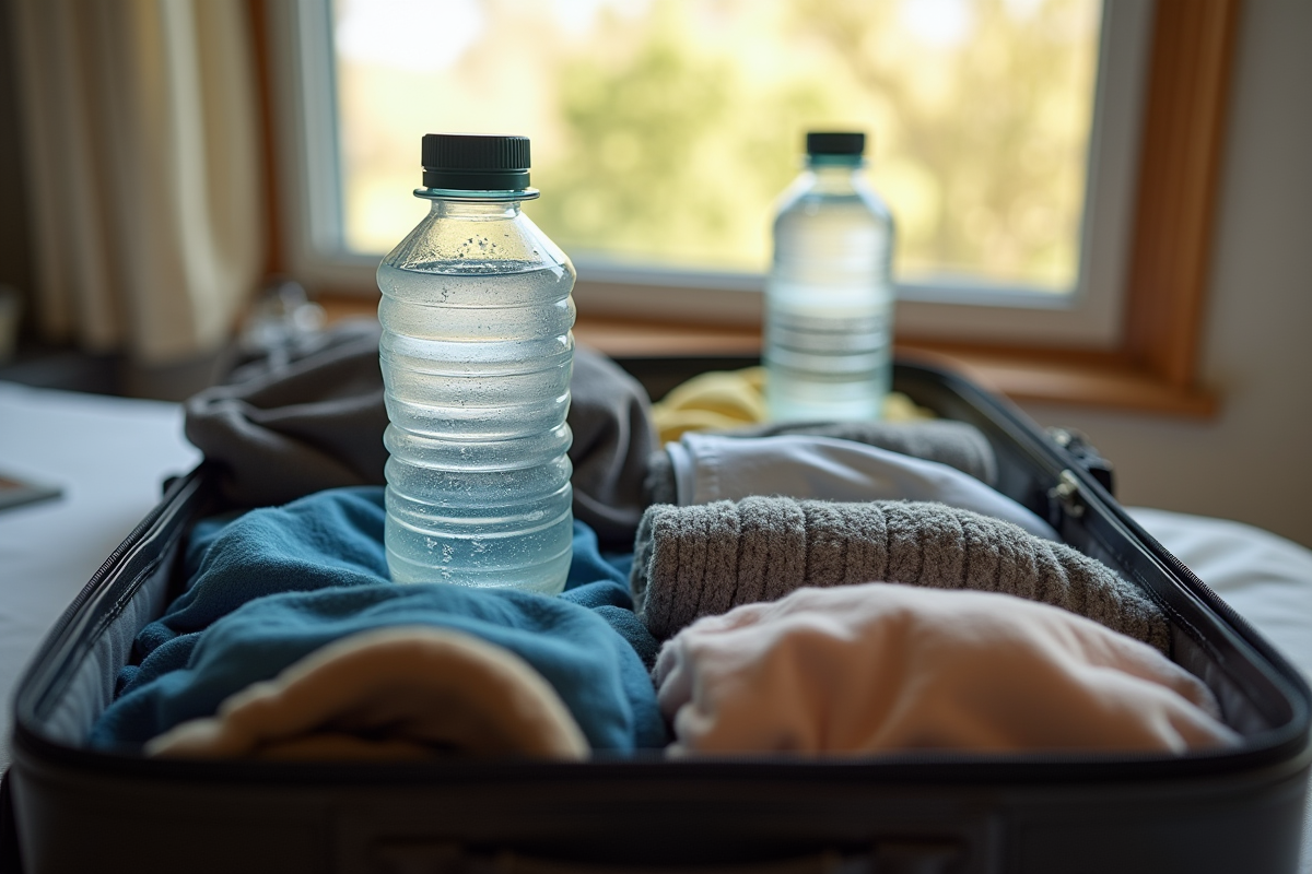 Valise ouverte bien rangée avec vêtements et bouteilles d'eau