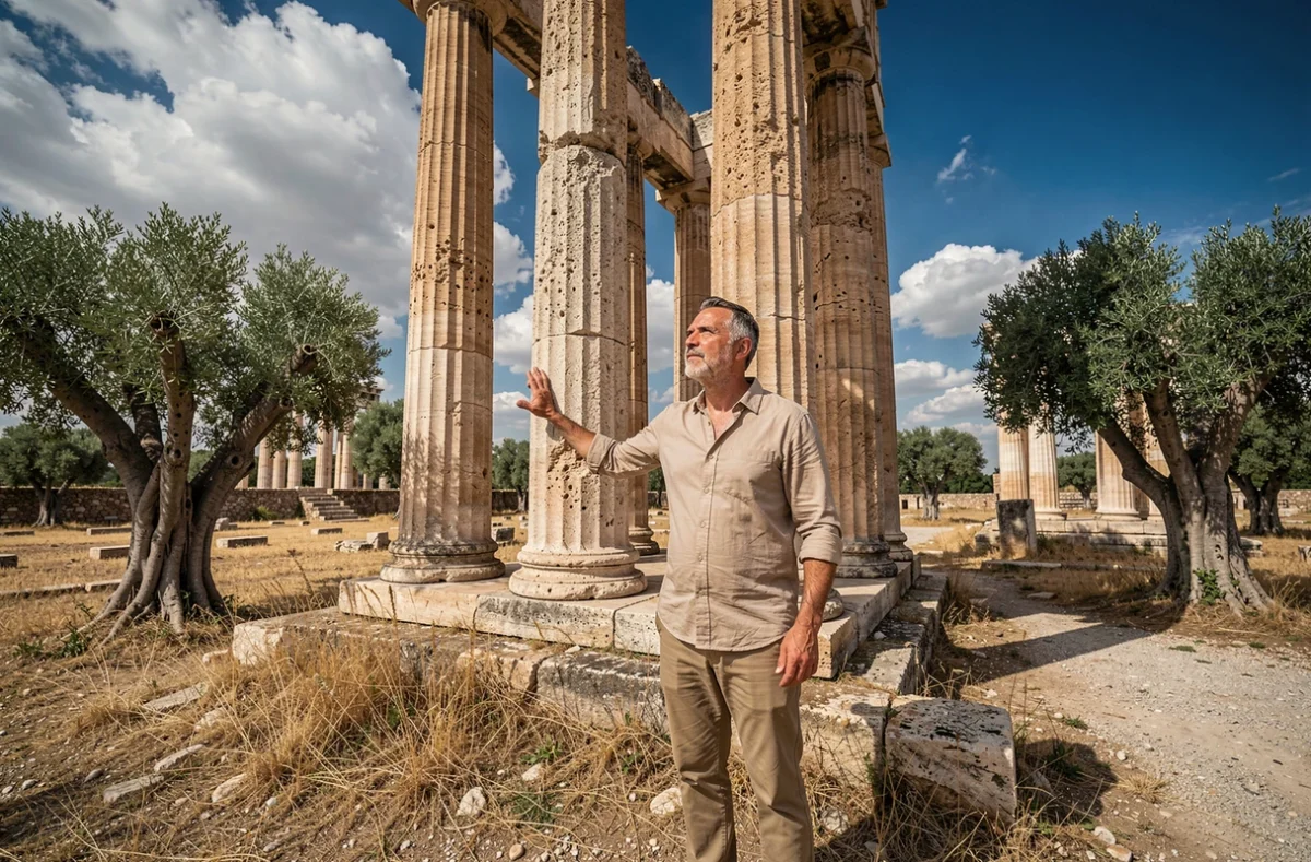 Voyageur admirant les colonnes doriques du Temple de la Concorde dans la Vallée des Temples d'Agrigente en Sicile