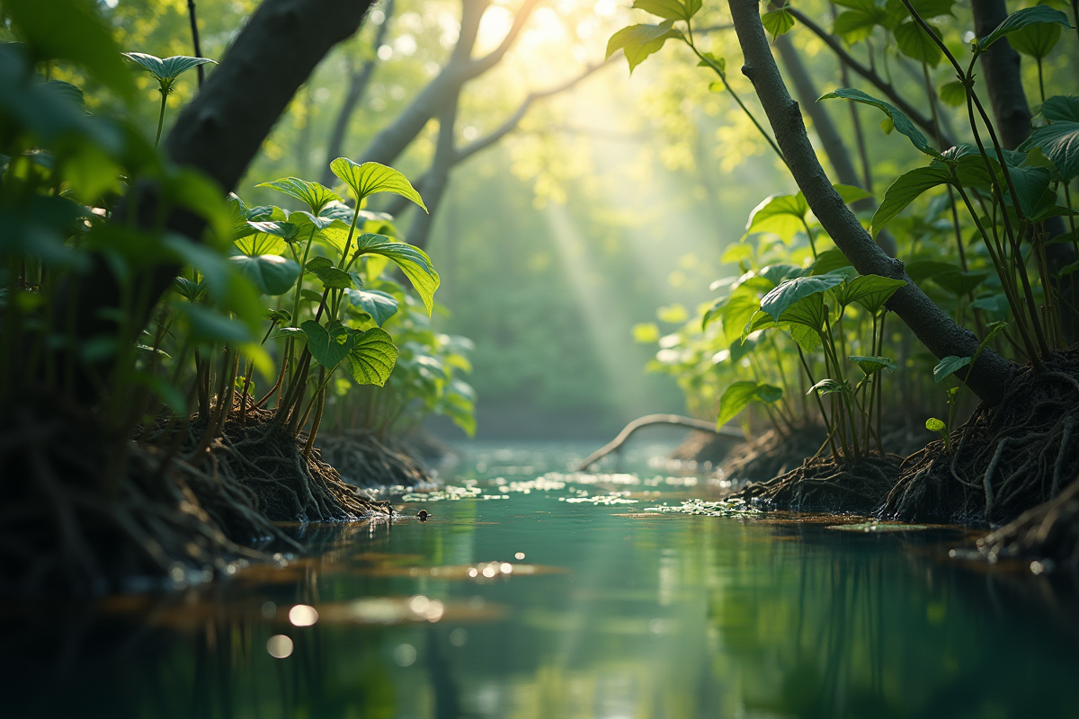 Plantes aquatiques émergentes dans un marais naturel