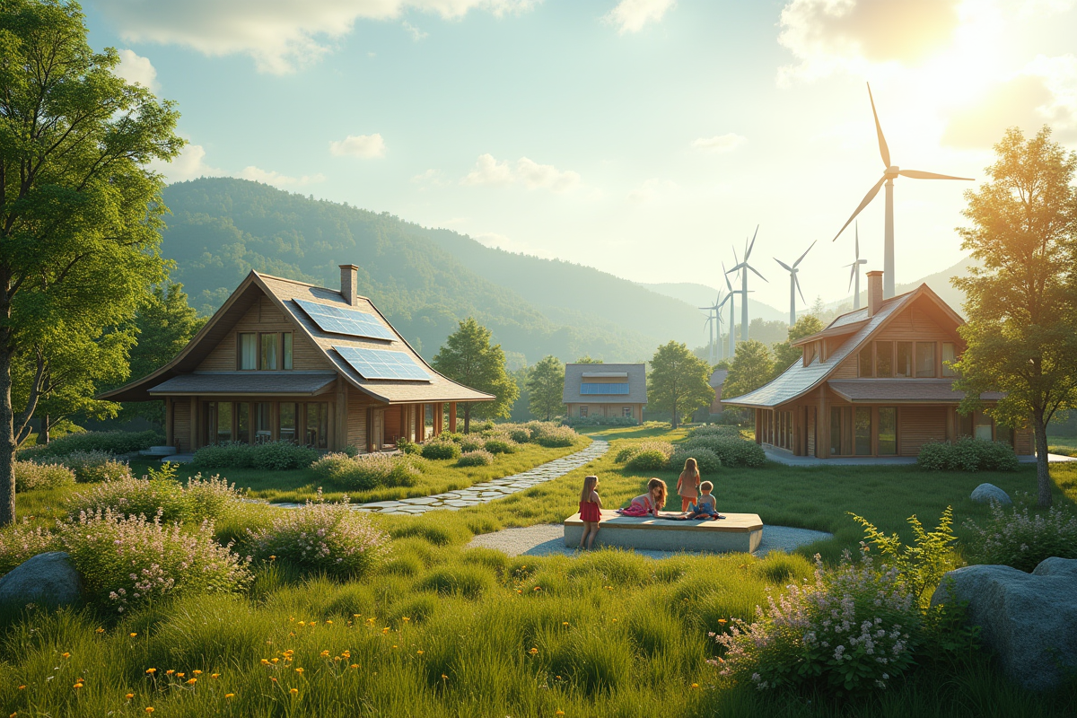 Village rural avec architecture durable et enfants jouant