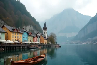 Vue panoramique du village de Hallstatt en Autriche reflété dans le lac Hallstätter See par un matin d'automne brumeux