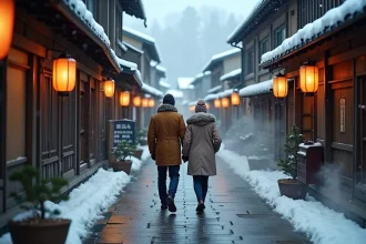 Ruelle enneigée du village de Nozawa Onsen avec canaux d'eau chaude et ryokans traditionnels en hiver