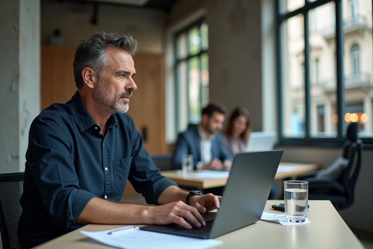 Professionnel français en visioconférence avec un collaborateur à Bali depuis un espace de coworking parisien