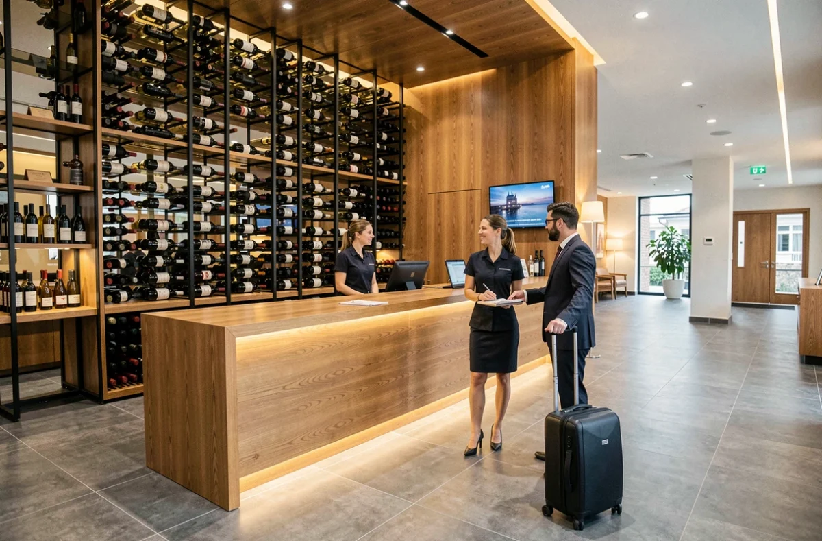Hall moderne du Voco Beaune Cité des Vins avec mur de bouteilles de vin en décor central et accueil hôtelier