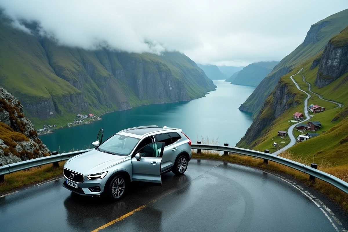 Voiture de location garée sur une route en lacets surplombant un fjord norvégien lors d'un road trip depuis Bergen