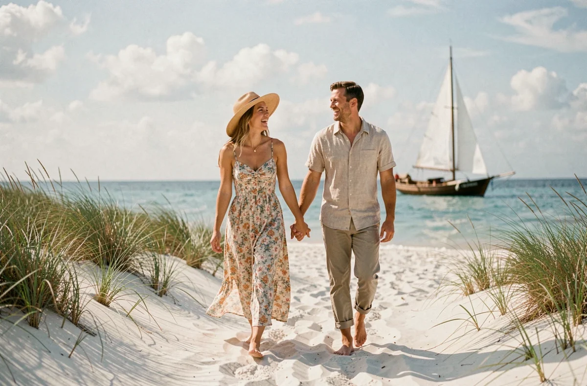 Couple en voyage de noces éco-responsable se promenant pieds nus sur une plage naturelle préservée