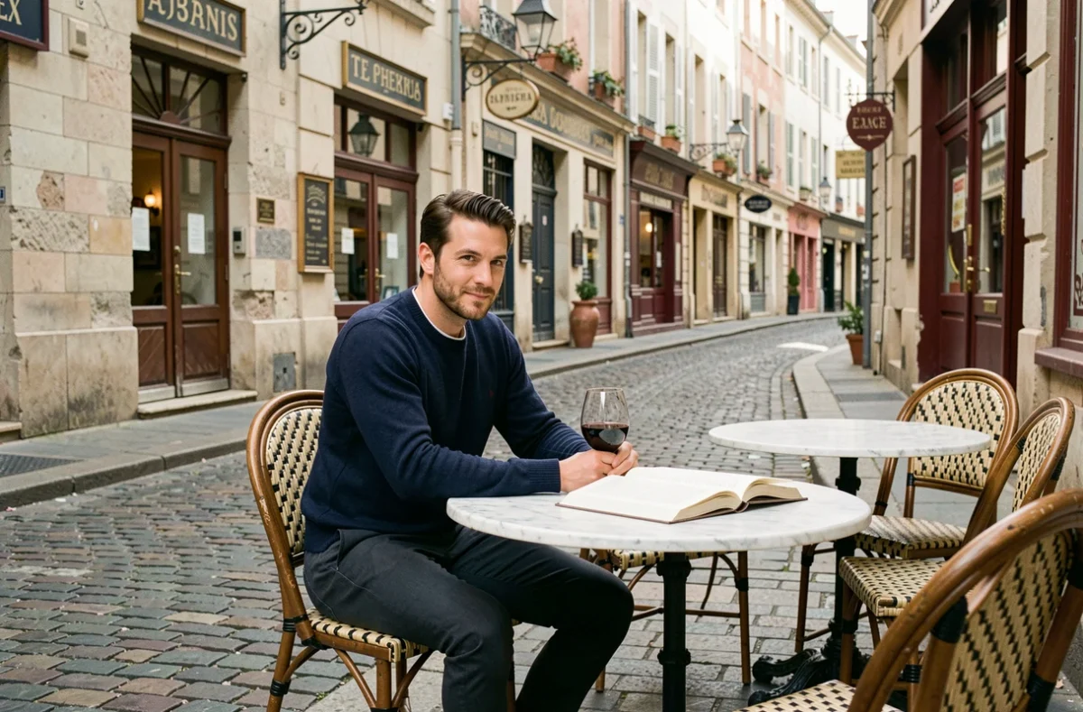 Homme voyageant seul attablé en terrasse d'un bouchon lyonnais dans la Presqu'île, savourant un verre de Beaujolais et un livre dans une ruelle pavée