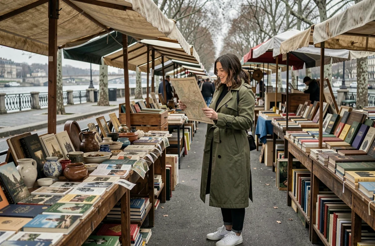 Femme seule en voyage à Lyon explorant le marché aux puces et aux livres sur les quais du Rhône, examinant une carte ancienne parmi les étals de brocante