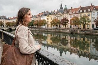 Femme voyageant seule sur la passerelle du Collège à Lyon, contemplant les façades Renaissance du Vieux-Lyon au bord de la Saône en automne