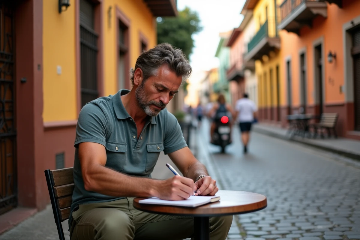 Voyageur prenant des notes dans un journal de voyage dans une ville coloniale lors d'un séjour Aguila OneStrip