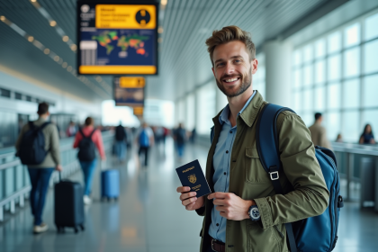 Voyageur souriant avec permis de conduire et passeport à l'aéroport