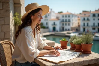 Voyageuse consultant une carte illustrée dans un café méditerranéen au bord du port