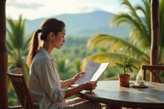 Voyageuse consultant son programme de journée lors d'un voyage Aguila OneStrip sur une terrasse tropicale