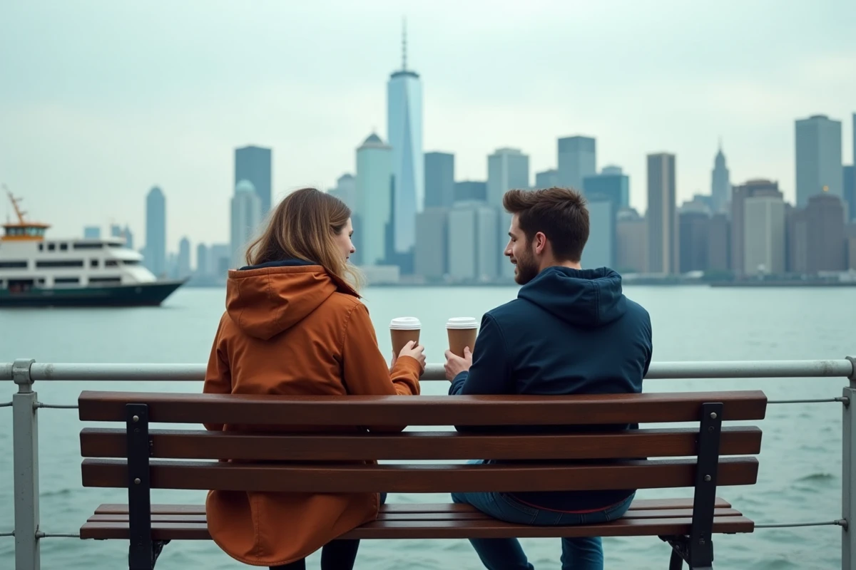 Couple profitant de la vue sur Manhattan depuis le terminal du ferry de Staten Island avec café en main
