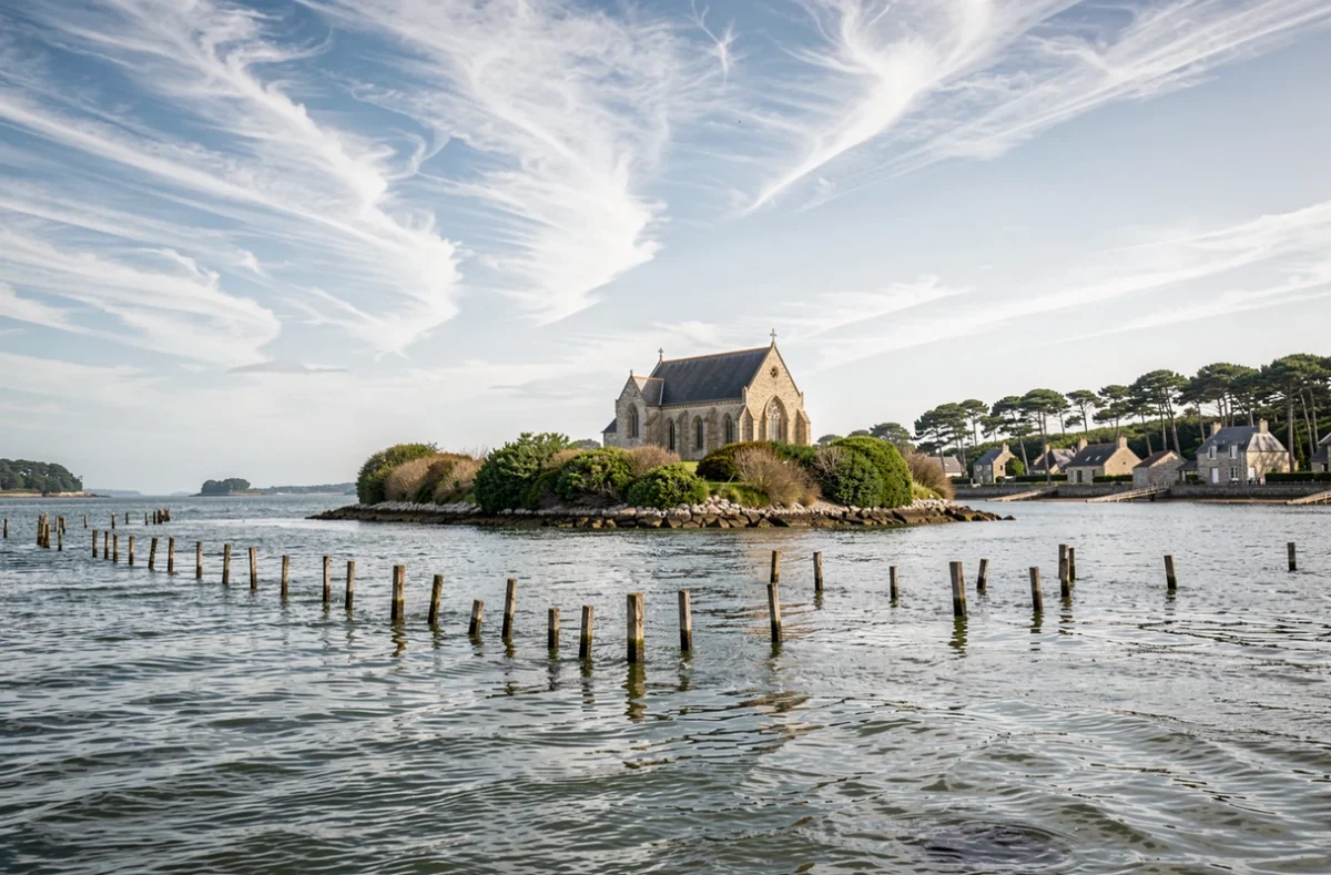 Vue panoramique de l'île de Saint-Cado et sa chapelle romane depuis l'estuaire de la rivière d'Étel, Morbihan, Bretagne