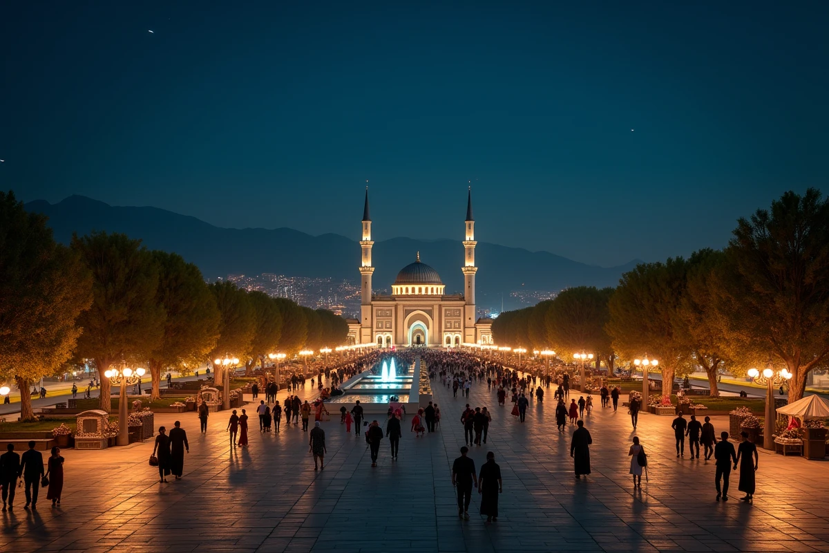 Vue panoramique nocturne du centre-ville de Hamadan avec monuments illuminés et promeneurs iraniens sur la place centrale
