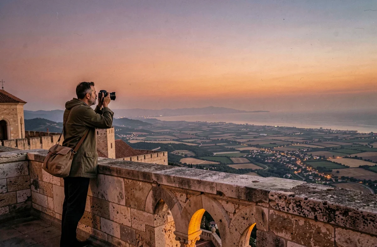 Vue panoramique depuis la terrasse de la cathédrale de Monreale sur la vallée de la Conca d'Oro au crépuscule avec photographe en silhouette